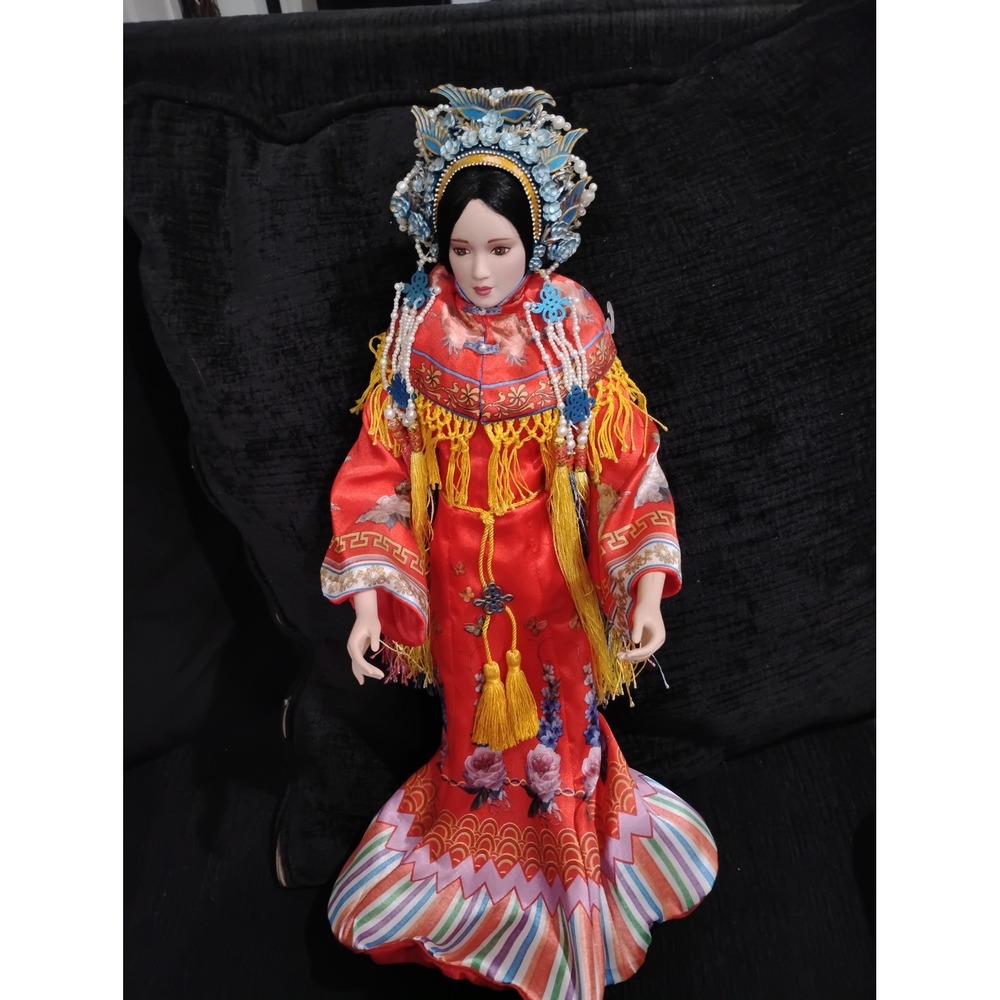 Traditional Chinese Opera Doll Porcelain Face Red Silk Robe Headdress 12 Inch
